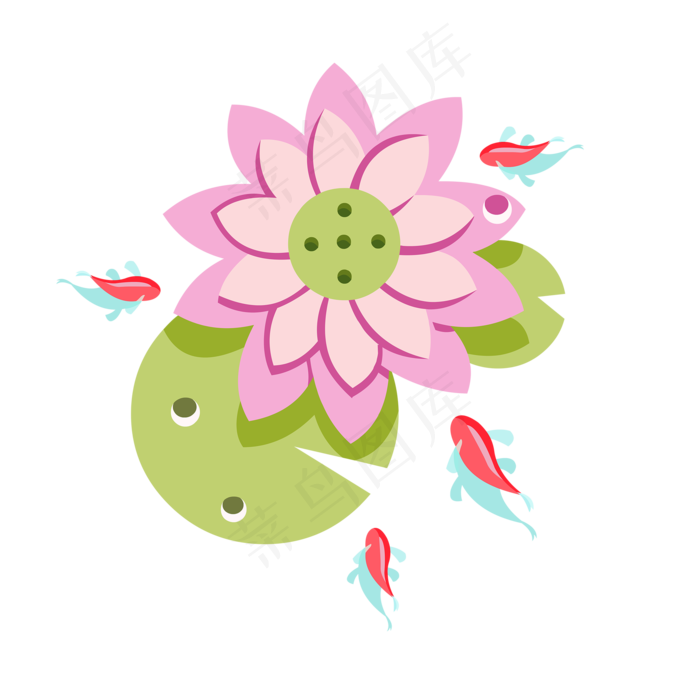 手绘花荷花金鱼图形元素