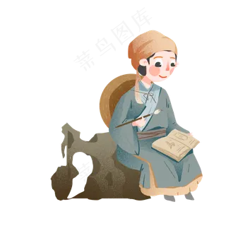 清新古风秀才读书手绘素材,免抠元素