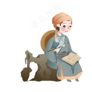 清新古风秀才读书手绘素材,免抠元素