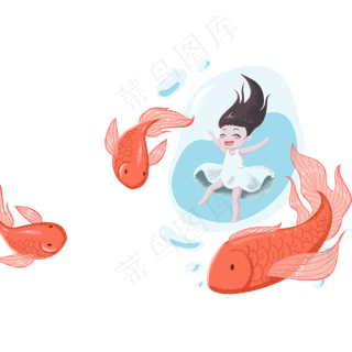卡通女孩在游泳