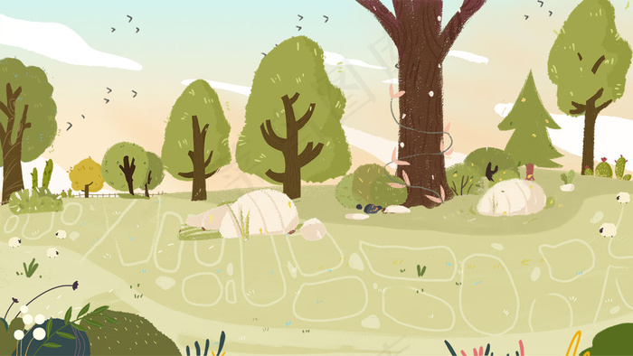 暖色调手绘风格夏天景色旅游配图