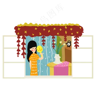处暑窗户乘凉吹风的女孩元素设计
