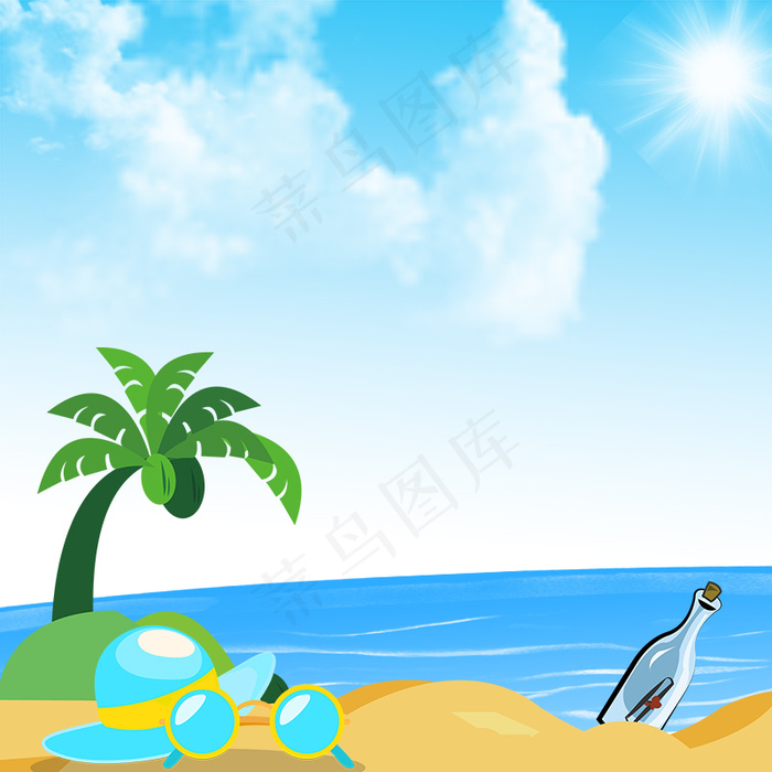 手绘夏日海滩风景平面广告(800*800px 	        )psd模版下载