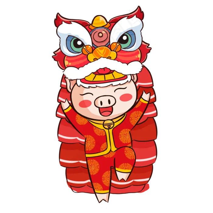 手绘可爱猪猪玩狮子头元素,免抠元素(2000X2000(DPI:300))psd模版下载