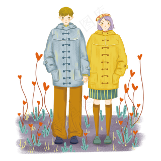 手绘幸福牵手的情侣