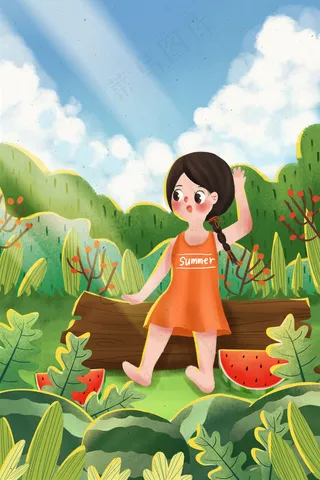 夏天女孩田野吃西瓜