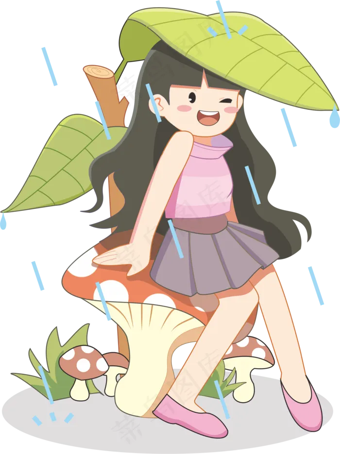 谷雨下雨小雨节气女孩坐在蘑菇上