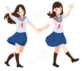手绘卡通毕业季两个女孩手拉手