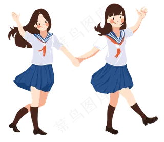 手绘卡通毕业季两个女孩手拉手