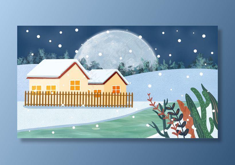 小雪夜晚森林里雪地上的小房子(2880*1620px 300 dpi )psd模版下载
