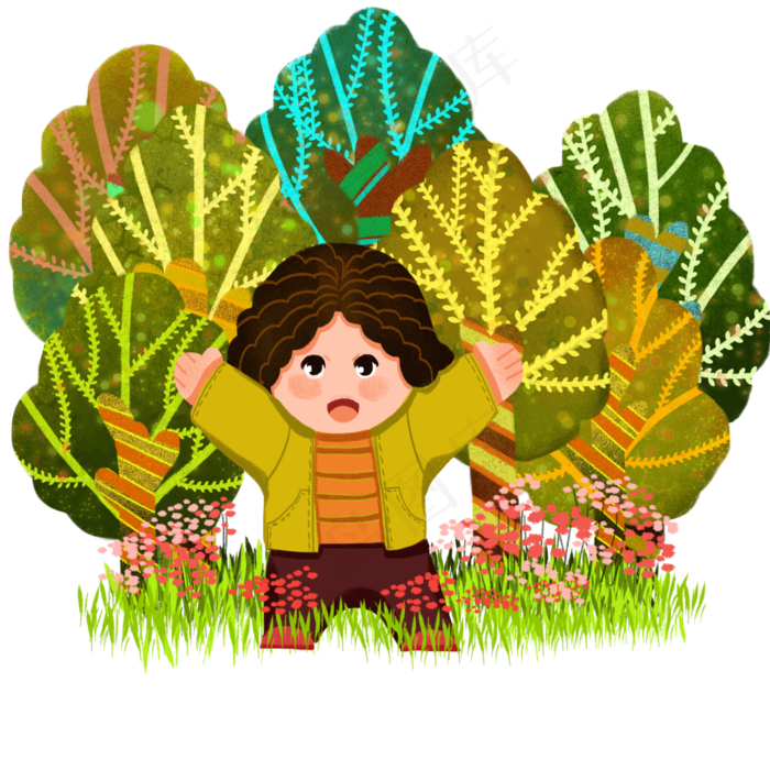 植树节男孩树林欢呼手绘人物PNG