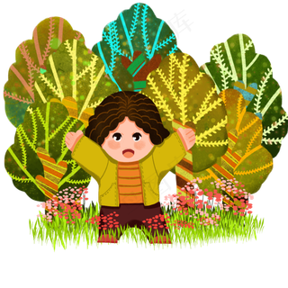 植树节男孩树林欢呼手绘人物PNG