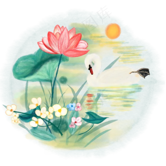 中国风水墨水彩天鹅怜影手绘免抠(2000X2000(DPI:300))psd模版下载