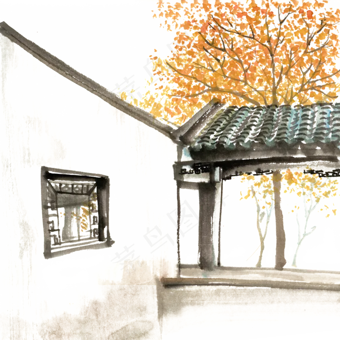水墨画秋天的院落,免抠元素(2200*2200px 300 dpi )psd模版下载