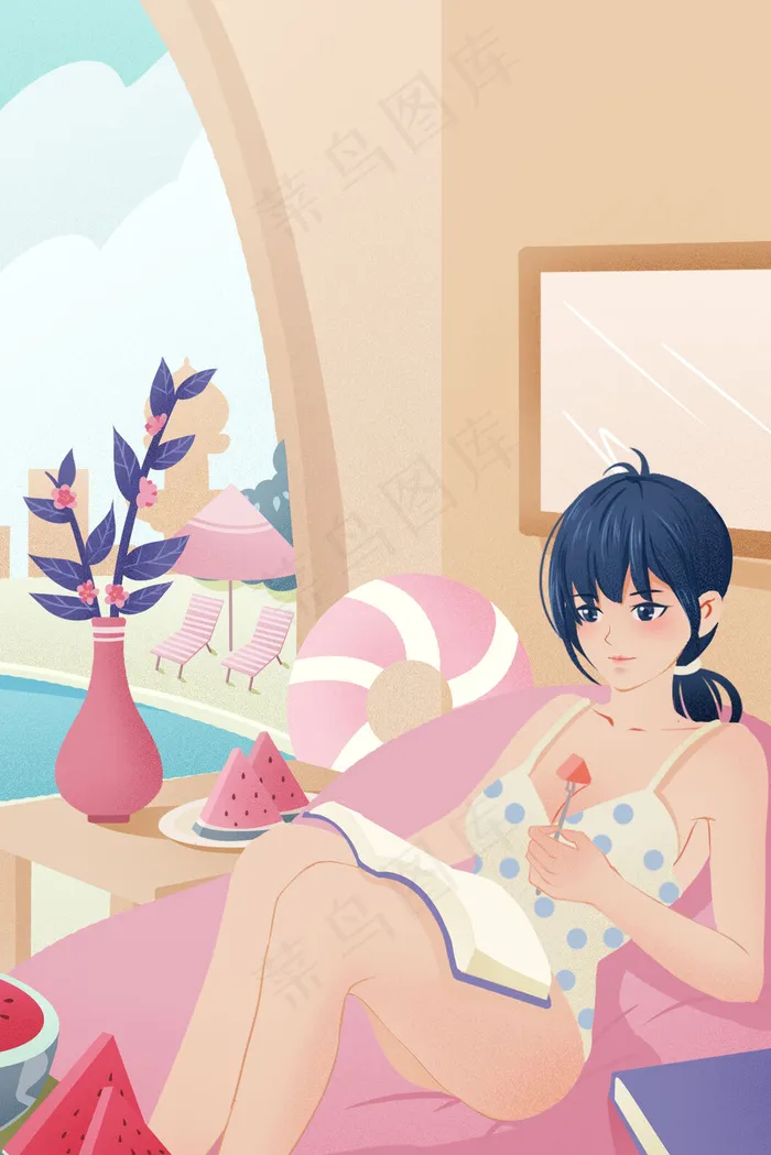夏景处暑夏日夏至清凉女孩海滩度假看书(3545*5315px 300 dpi )psd模版下载