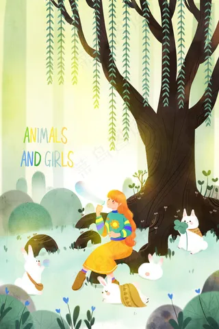 特色水彩女孩与兔子