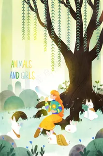 特色水彩女孩与兔子 特色水彩女孩与兔子