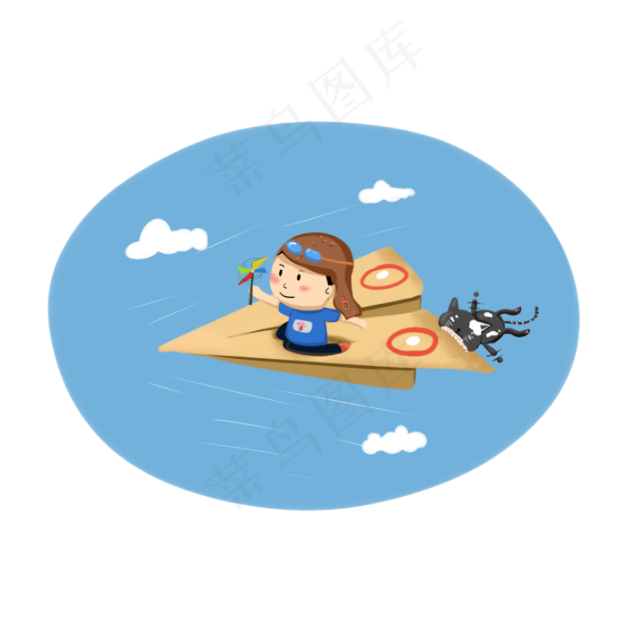 六一儿童节趴在纸飞机上飞的孩子