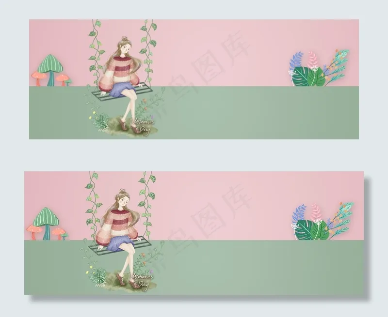 38妇女节手绘几何美女绿色banner(1920*700px 	       )psd模版下载