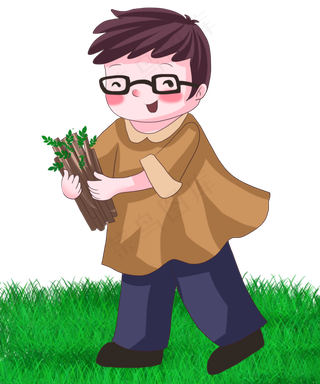 植树节学生男孩子植树种树卡通人