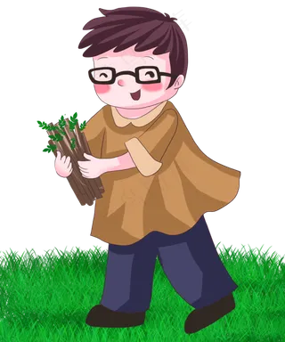 植树节学生男孩子植树种树卡通人