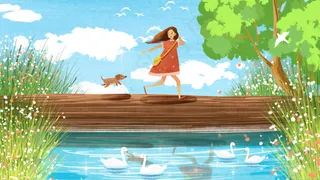 夏天治愈系小清新女孩和宠物一起出去玩耍