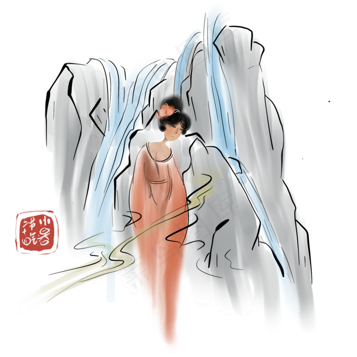 二十四节气泡温泉解暑水墨人物(2000X2000(DPI:300))psd模版下载