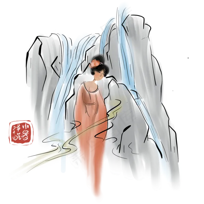 二十四节气泡温泉解暑水墨人物(2000X2000(DPI:300))psd模版下载