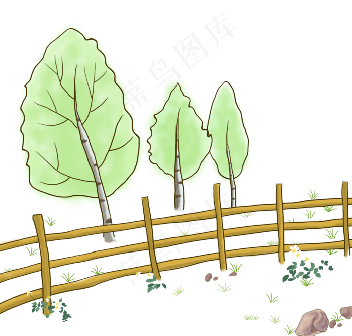 小树小草小花和栅栏,免抠元素(2200X2100(DPI:300))psd模版下载
