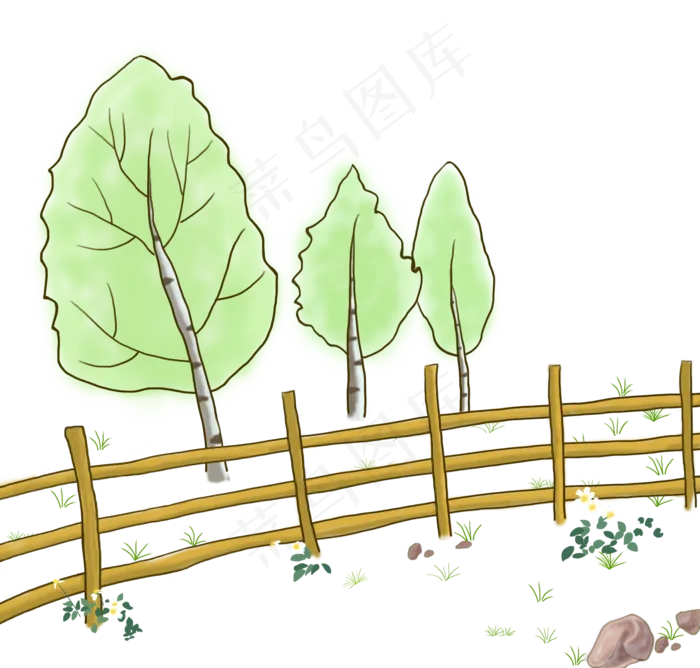 小树小草小花和栅栏,免抠元素(2200X2100(DPI:300))psd模版下载