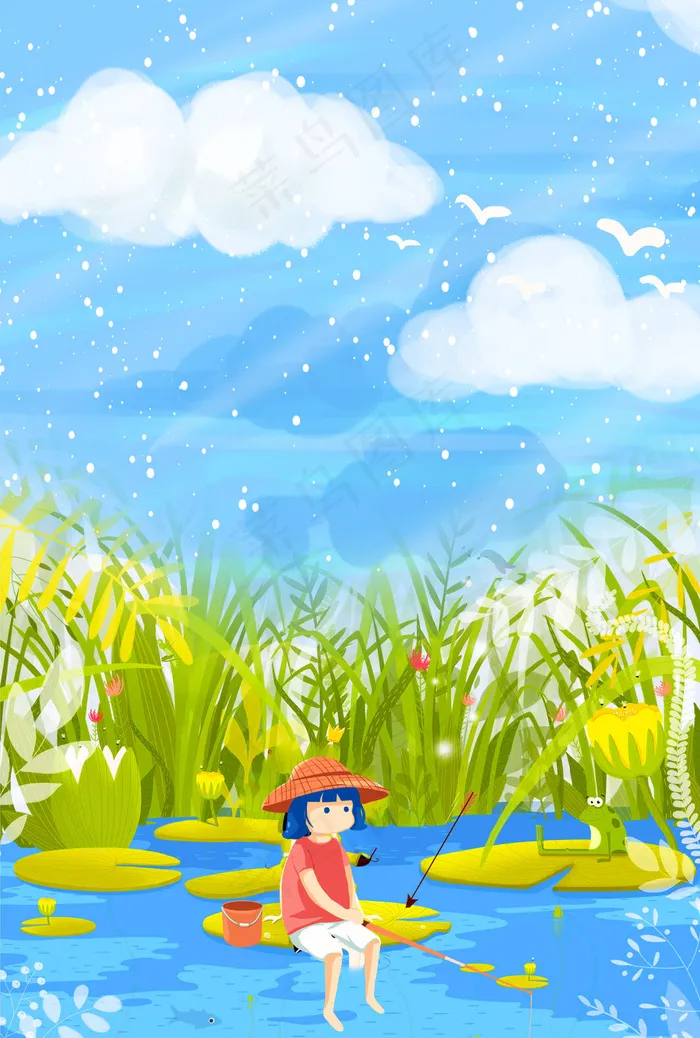 春季户外垂钓的女孩