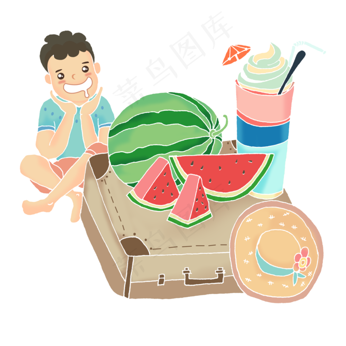 六一儿童节吃西瓜的小孩手绘插画
