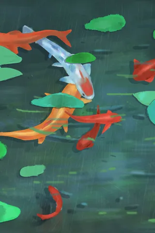 夏天水彩雨滴荷塘锦鲤