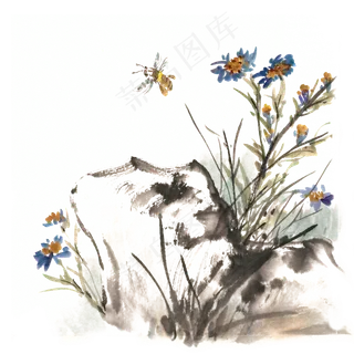 岩石蓝花蜜蜂水墨画PNG免抠素材
