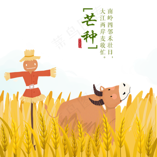 芒种卡通稻草人牛