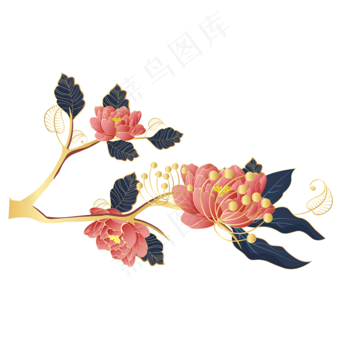 国潮中国风花朵树枝,免抠元素