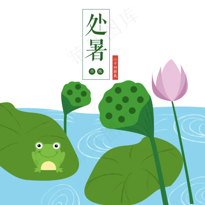 手绘荷叶处暑绿色青蛙,免抠元素