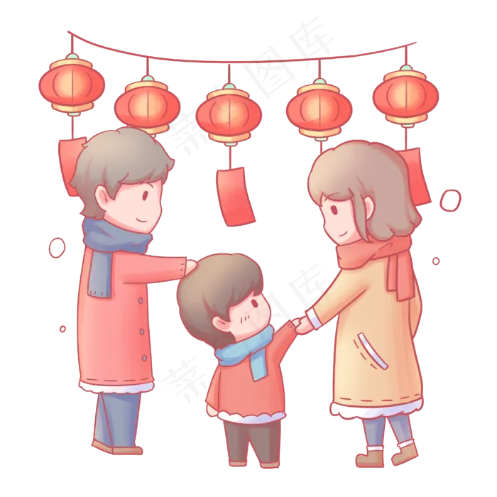 元宵节猜灯谜一家三口卡通手绘人,免抠元素(4000X4000(DPI:300))psd模版下载