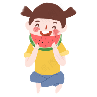 夏季吃西瓜的可爱小女孩