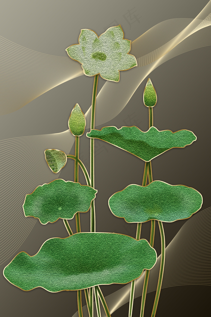珐琅彩荷花荷叶绿色新中式装饰画(800*3584px 300 dpi )psd模版下载