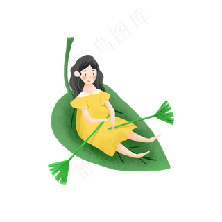 大暑坐在树叶上划船的女孩