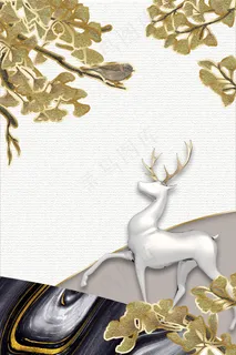 新中式麋鹿 银杏白色珐琅彩装饰画 新中式麋鹿 银杏白色珐琅彩装饰画