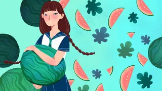 绿色系卡通手绘风夏景女孩西瓜配图