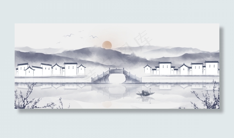 中国风手绘水墨风景山水徽派建筑,免抠元素