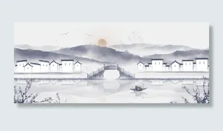 中国风手绘水墨风景山水徽派建筑,免抠元素