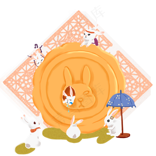 中秋玉兔月饼浪漫想象PNG图,免抠元素