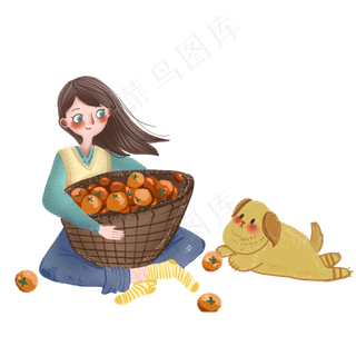 手绘霜降拿着一筐柿子的女生可商