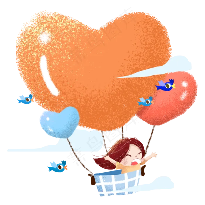 坐着爱心热气球的女孩,免抠元素(2000*2000px 300 dpi )psd模版下载