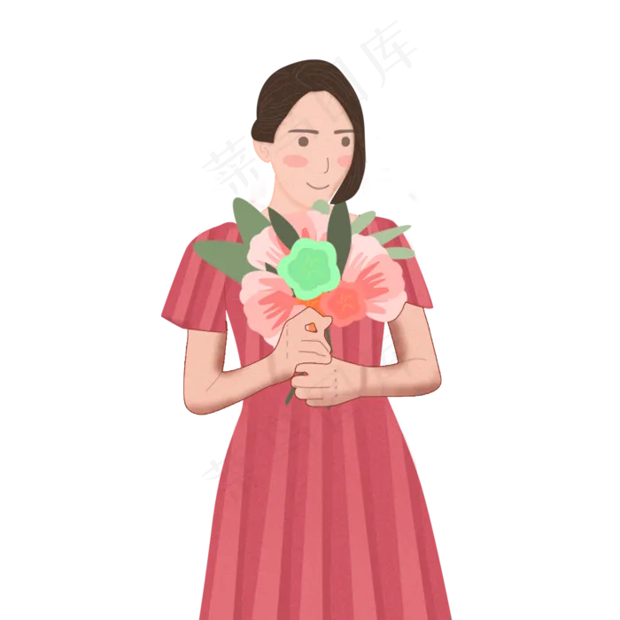 手绘卡通女孩拿着花束照相元素(2000X2000(DPI:300))psd模版下载