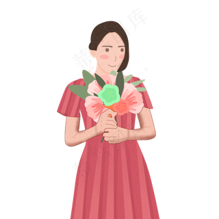 手绘卡通女孩拿着花束照相元素
